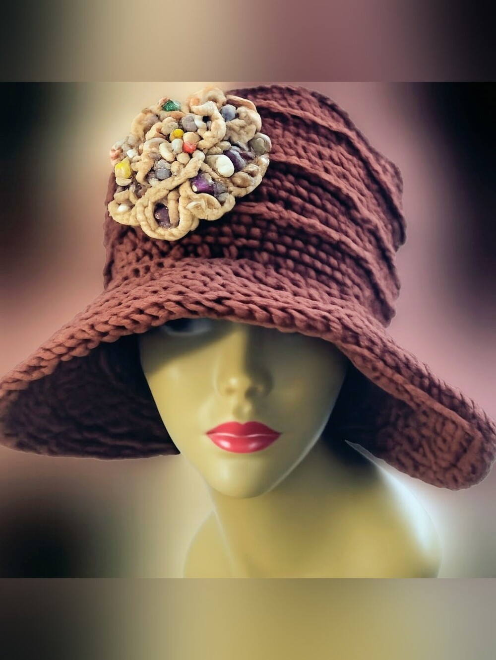 NWT Embossed Crochet Wide Brim Hemp Hat With Crochet Seashell Brooch